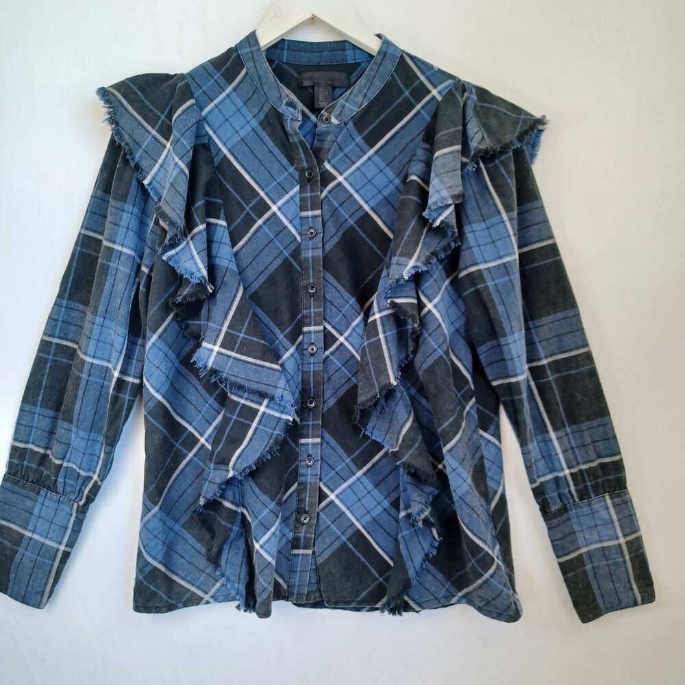 Maison Cinqcent Shirt Plaid Cotton Ruffle Detail Western Top Womens Large - Picture 2 of 8